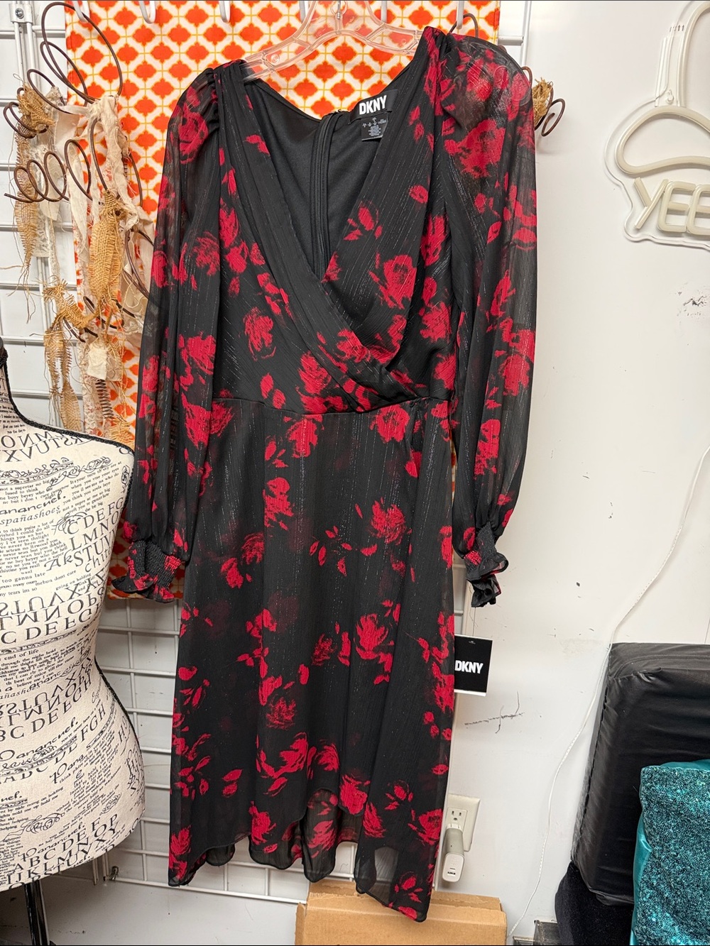 DKNY Black Dress with Red Floral Print
